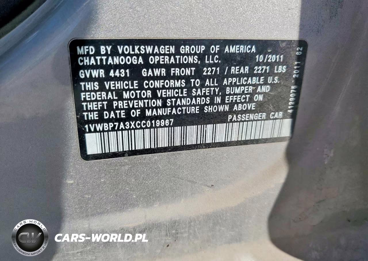 2012 Volkswagen Passat Se VIN:1VWBP7A3XCC019967 - 12