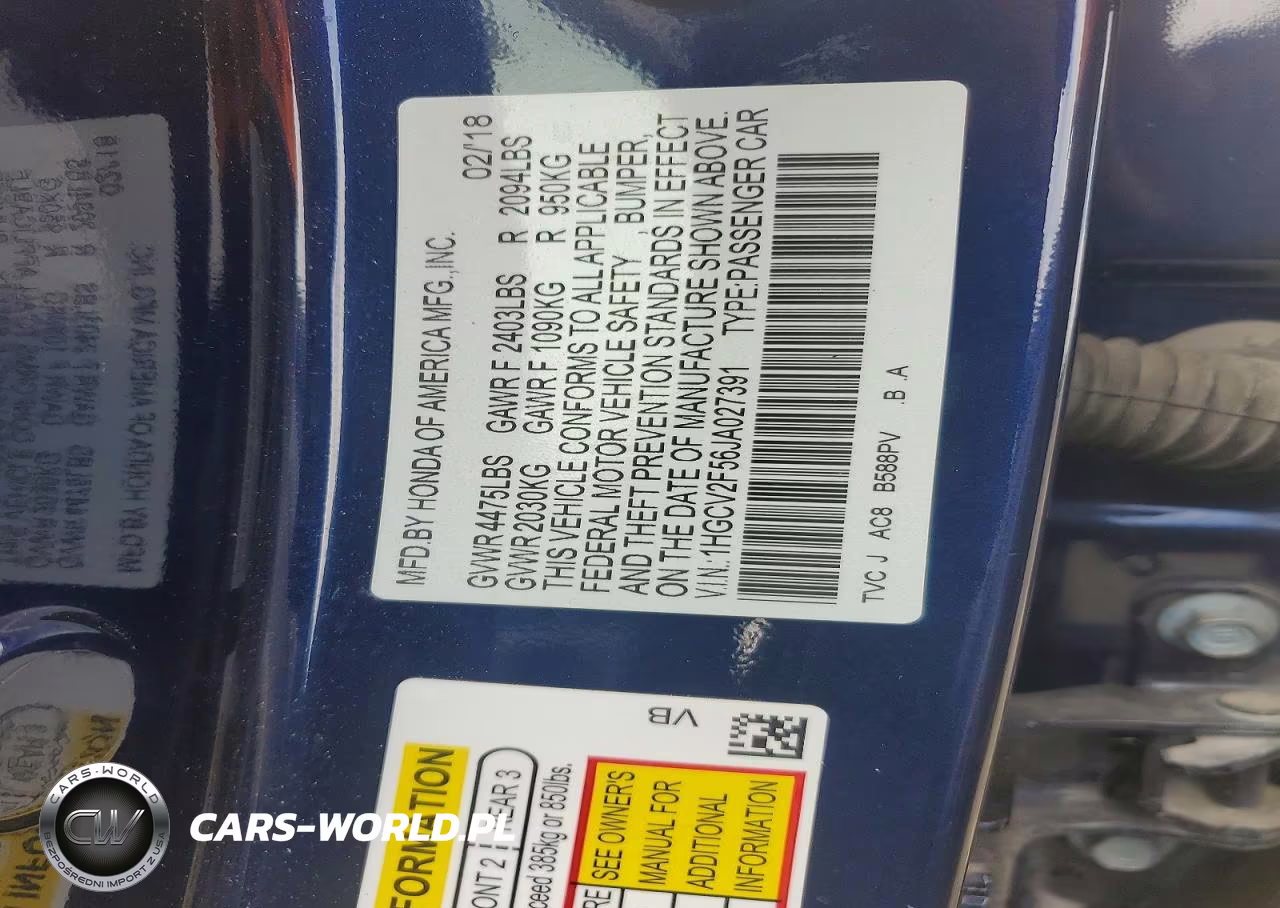 2018 Honda Accord Exl VIN:1HGCV2F56JA027391 - 12