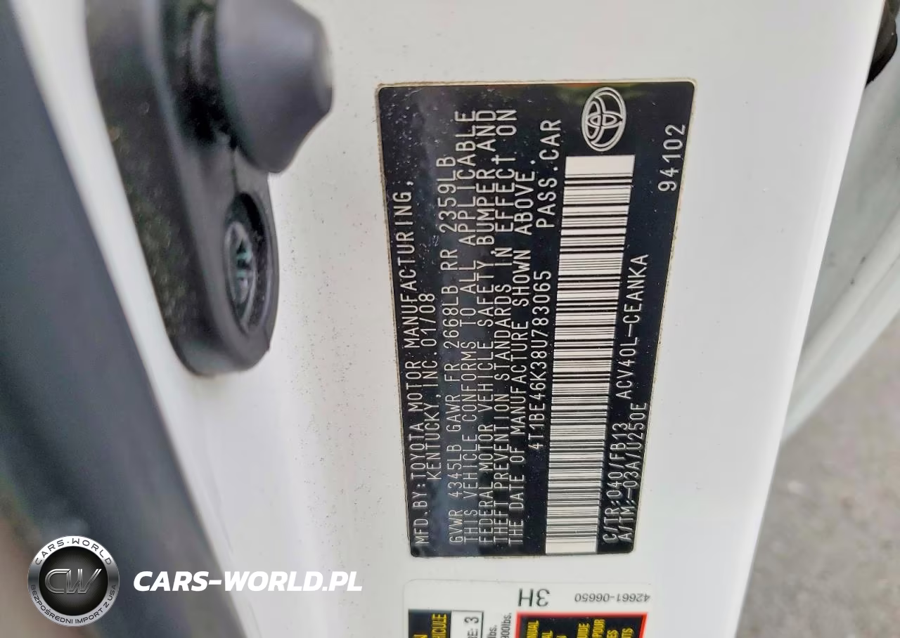 2008 Toyota Camry Le VIN:4T1BE46K38U783065 - 12
