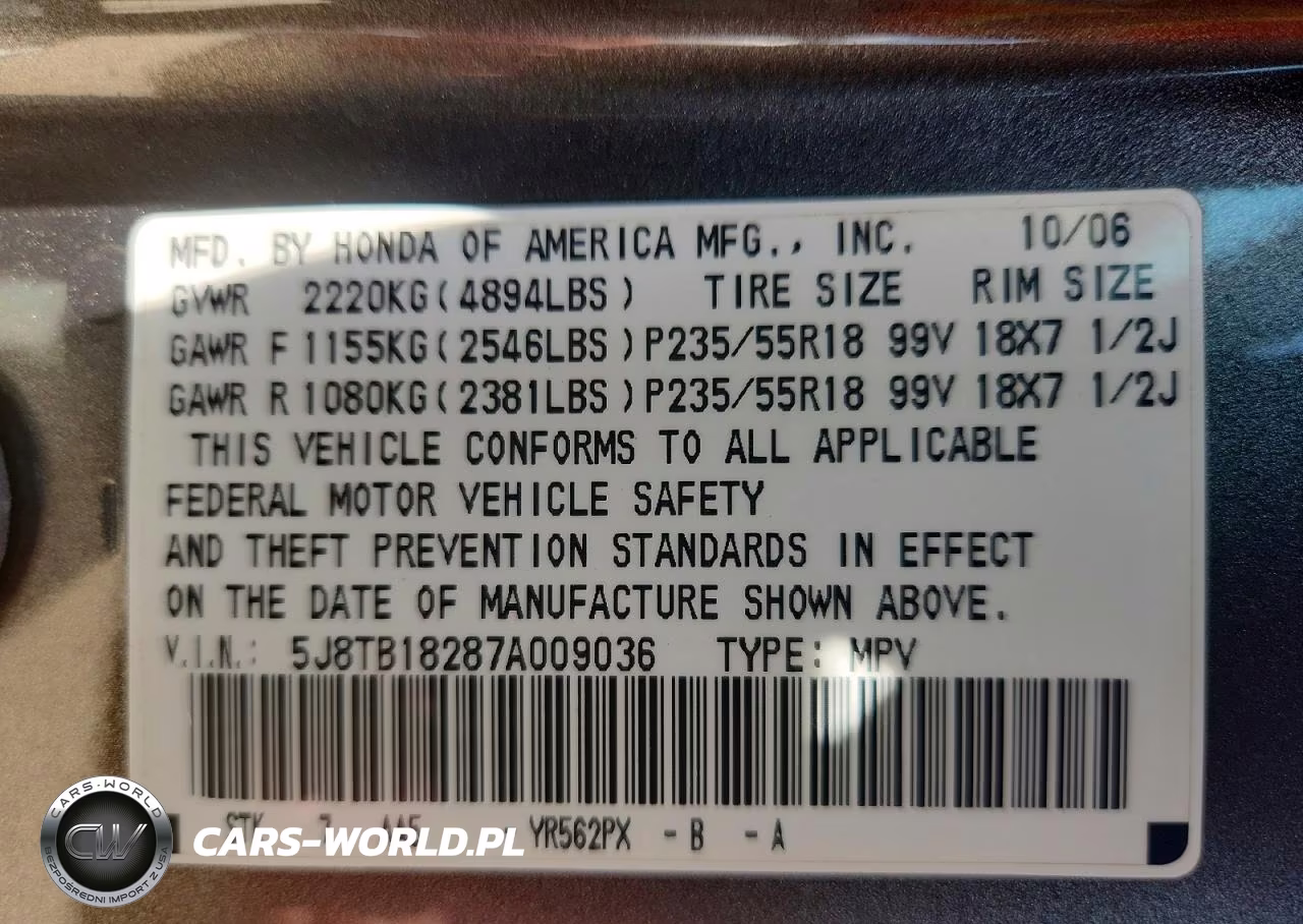 2007 Acura Rdx VIN:5J8TB18287A009036 - 12
