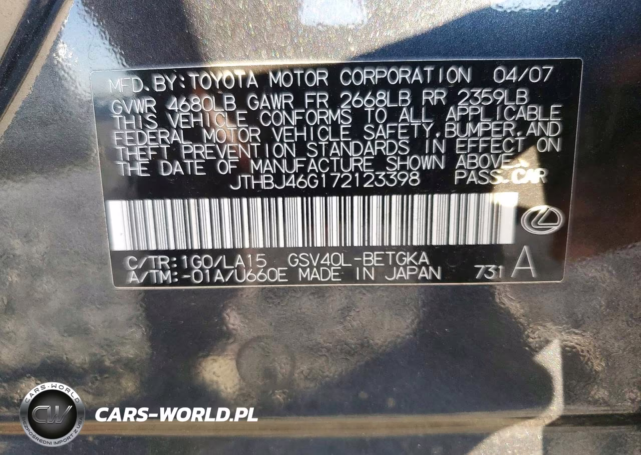 2007 Lexus Es 350 VIN:JTHBJ46G172123398 - 12