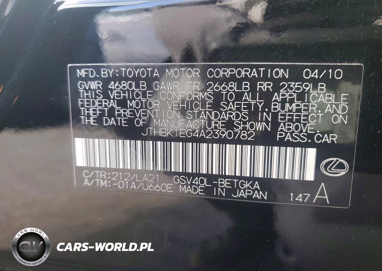 2010 Lexus Es 350 VIN:JTHBK1EG4A2390782 - 12