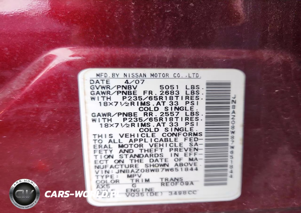 2007 Nissan Murano S VIN:JN8AZ08W87W651844 - 12
