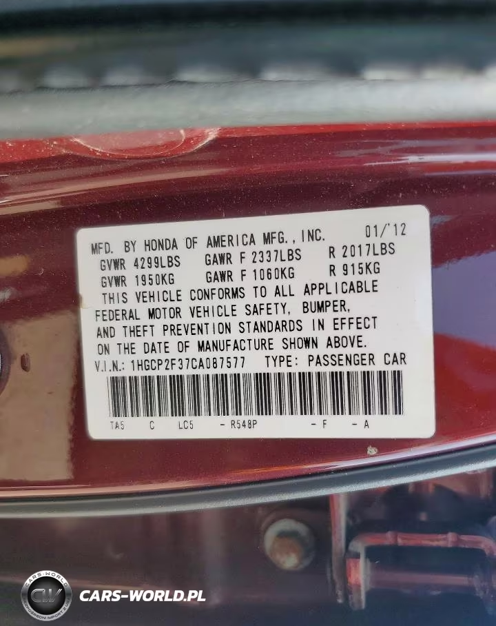 2012 Honda Accord 2.4 Lx VIN:1HGCP2F37CA087577 - 12