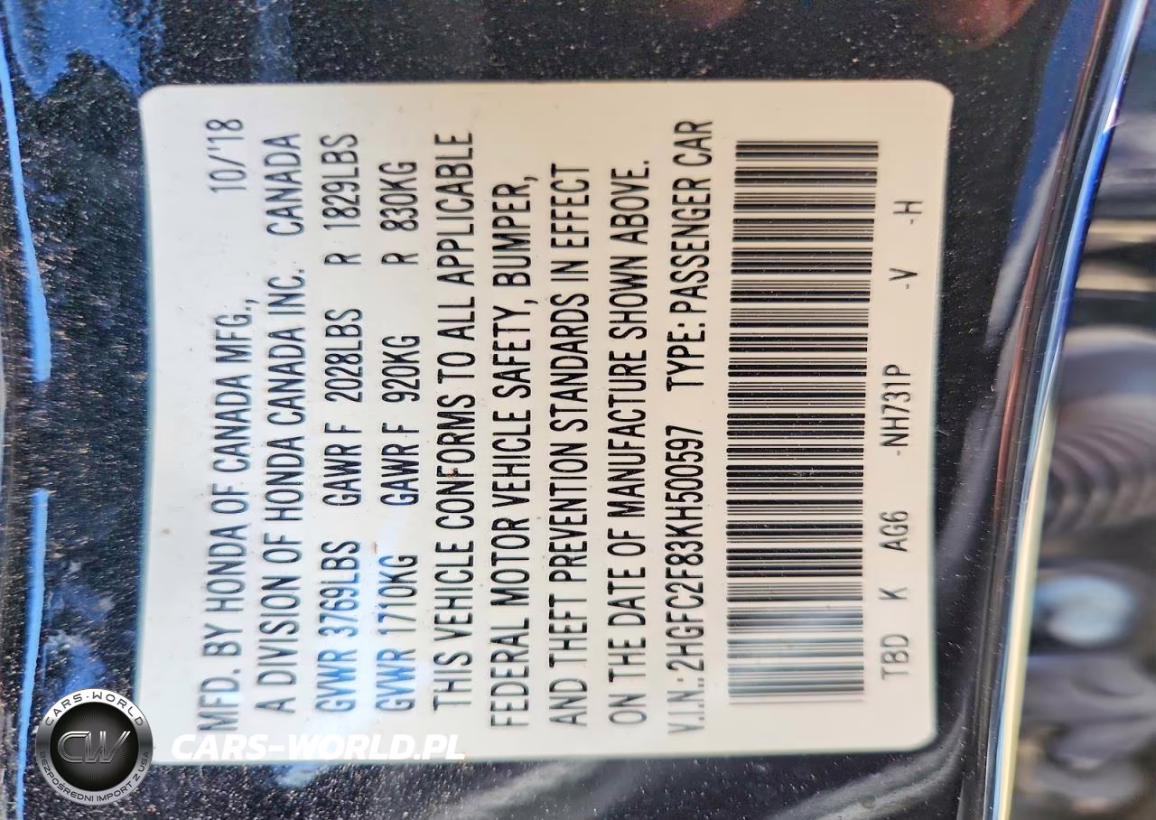 2019 Honda Civic Sport VIN:2HGFC2F83KH500597 - 12