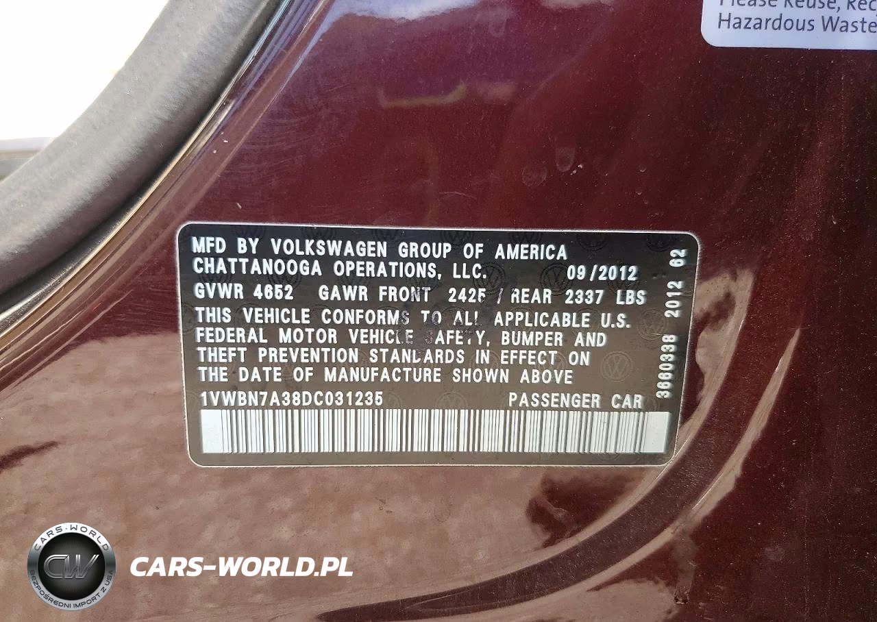 2013 Volkswagen Passat Se VIN:1VWBN7A38DC031235 - 12