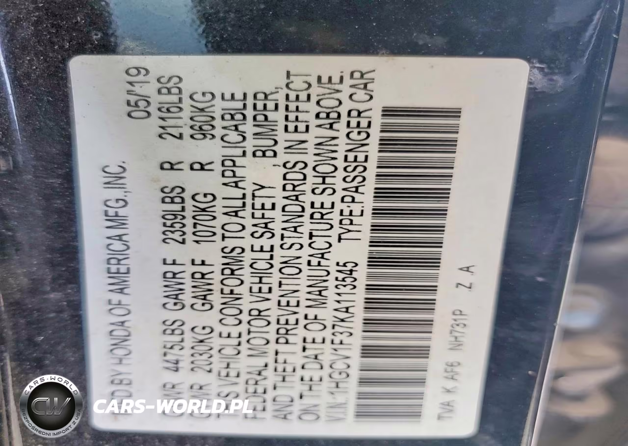 2019 Honda Accord Sport VIN:1HGCV1F37KA113545 - 12