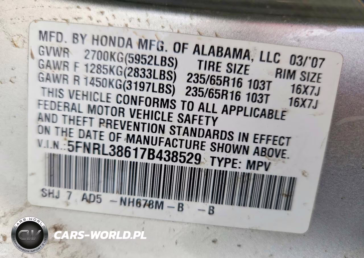 2007 Honda Odyssey Exl VIN:5FNRL38617B438529 - 14