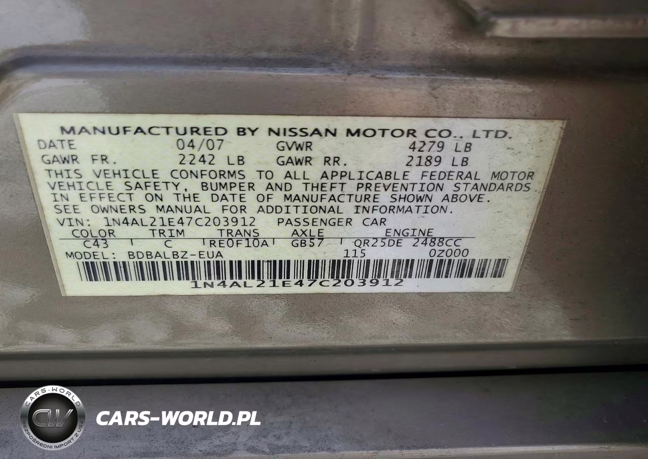 2007 Nissan Altima 2.5 VIN:1N4AL21E47C203912 - 12
