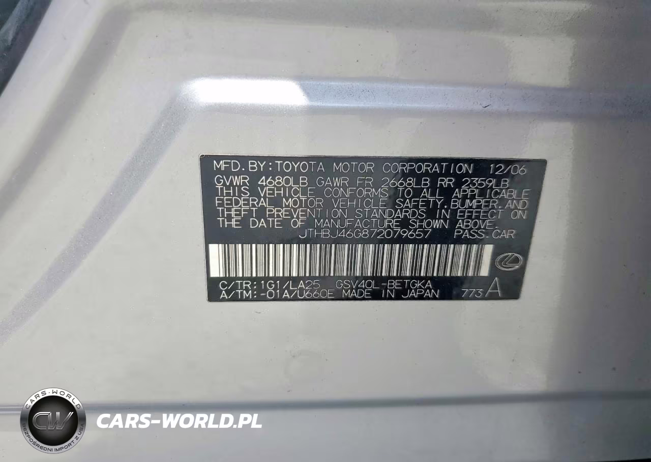 2007 Lexus Es 350 VIN:JTHBJ46G872079657 - 12