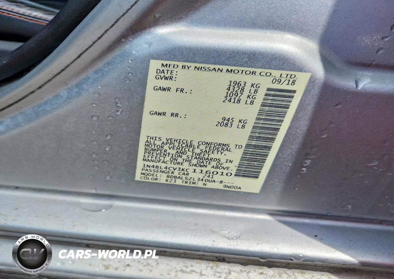 2019 Nissan Altima Sr VIN:1N4BL4CV3KC116010 - 12