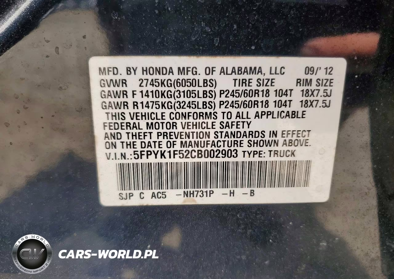 2012 Honda Ridgeline Rtl VIN:5FPYK1F52CB002903 - 12