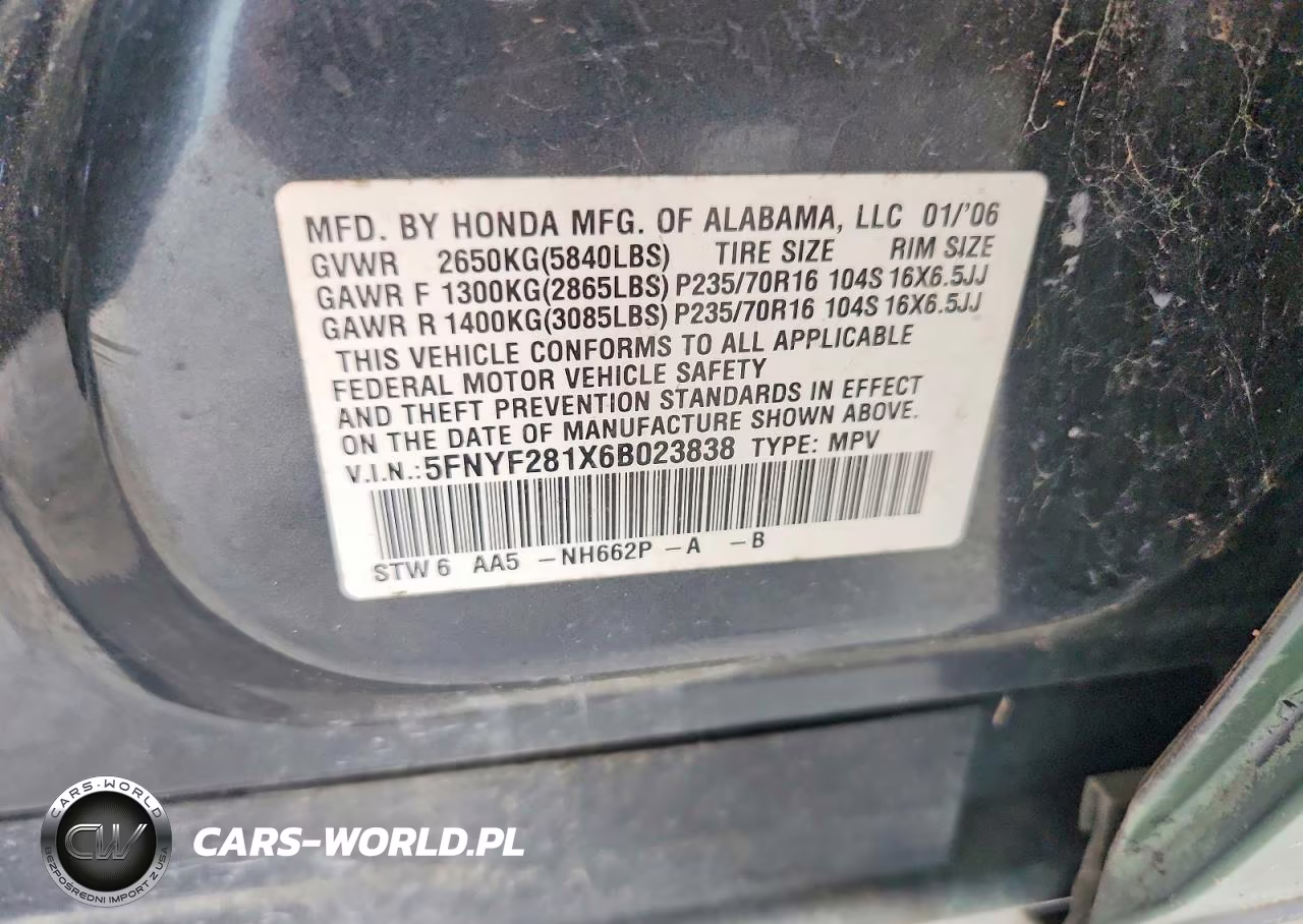 2006 Honda Pilot Lx VIN:5FNYF281X6B023838 - 13