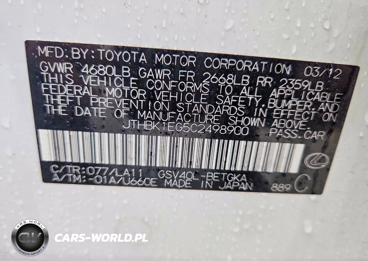 2012 Lexus Es 350 VIN:JTHBK1EG5C2498900 - 12
