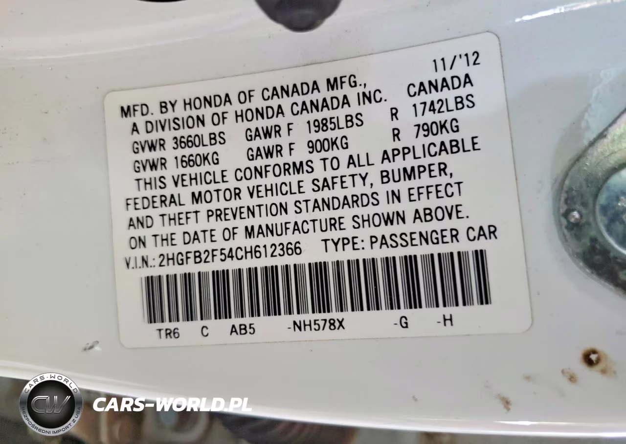 2012 Honda Civic Lx VIN:2HGFB2F54CH612366 - 12
