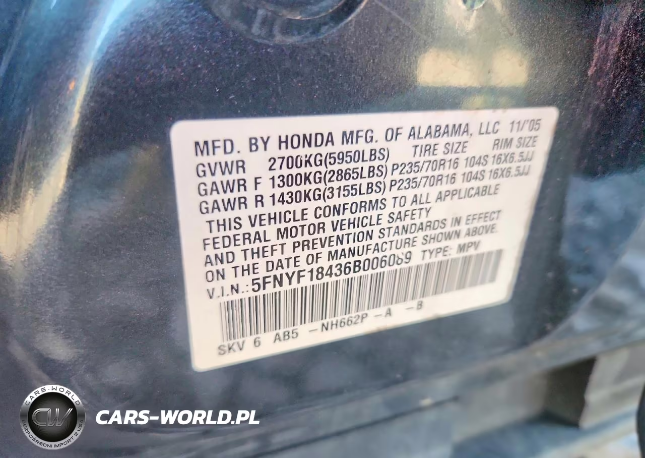 2006 Honda Pilot Ex VIN:5FNYF18436B006089 - 13