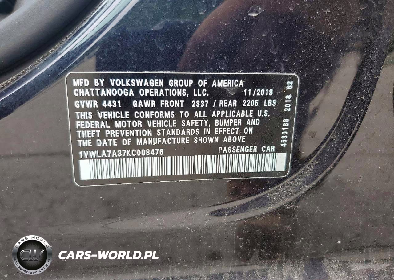 2019 Volkswagen Passat Wolfsburg VIN:1VWLA7A37KC008476 - 12