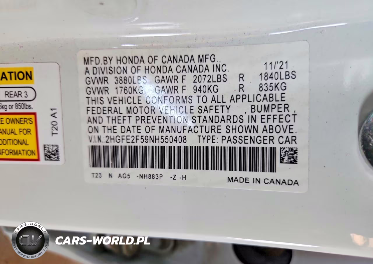 2022 Honda Civic Sport VIN:2HGFE2F59NH550408 - 12