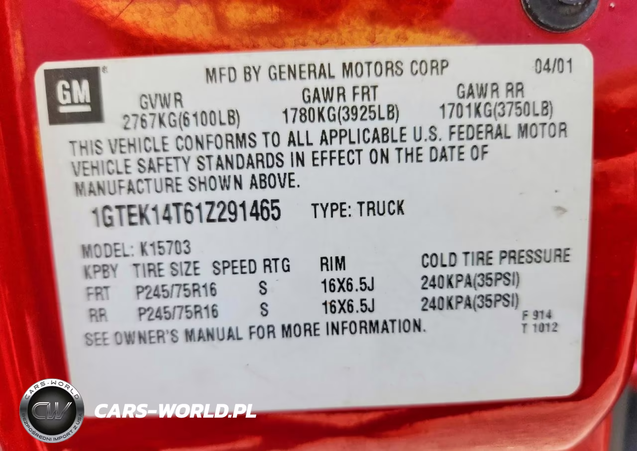 2001 GMC New Sierra K1500 VIN:1GTEK14T61Z291465 - 12