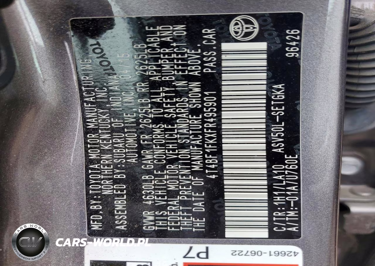 2015 Toyota Camry Xle VIN:4T4BF1FKXFR495901 - 12