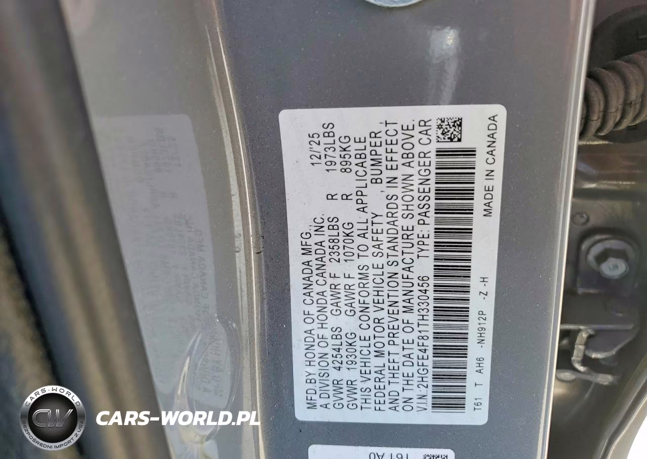 2026 Honda Civic Sport VIN:2HGFE4F81TH330456 - 12