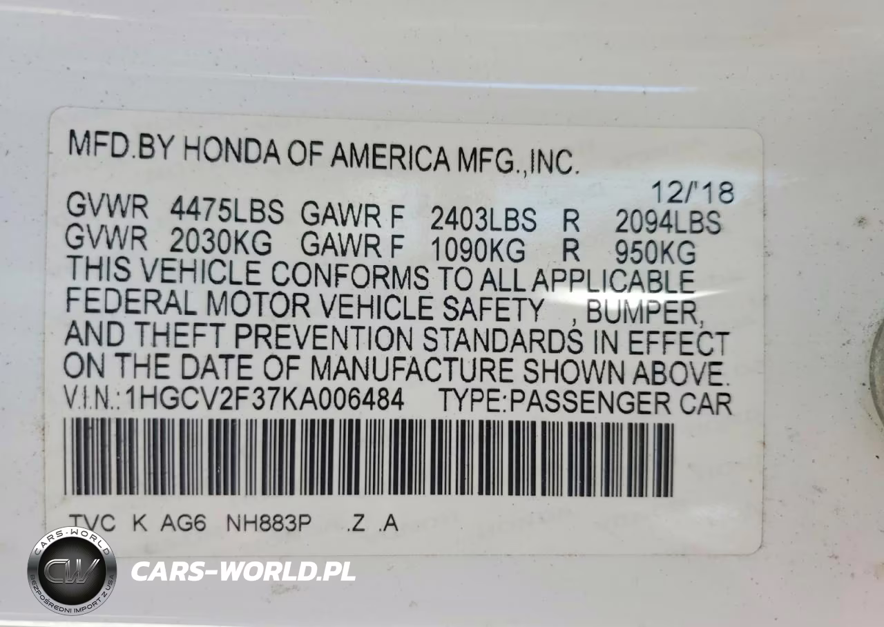 2019 Honda Accord Sport VIN:1HGCV2F37KA006484 - 13