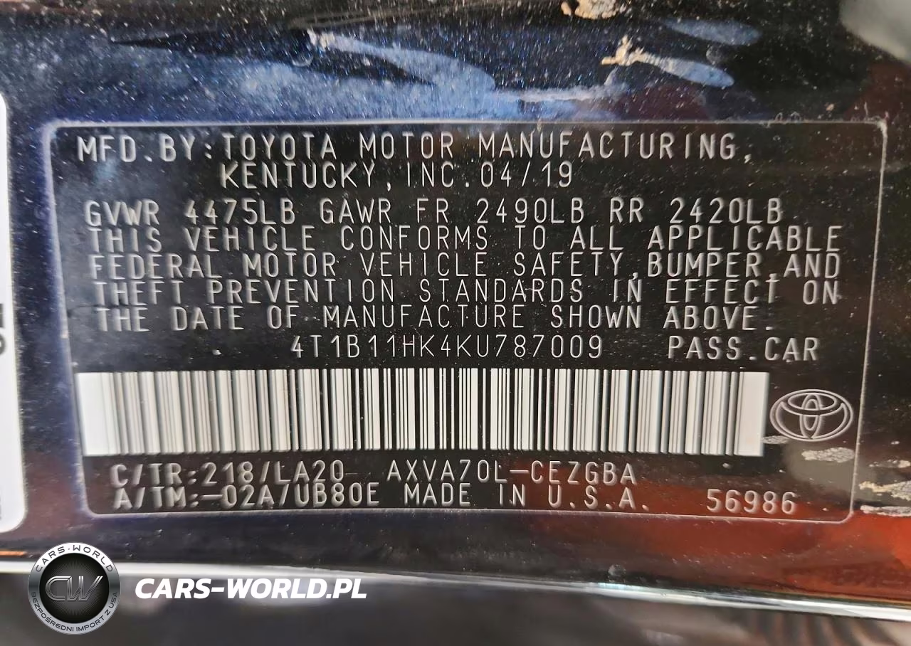 2019 Toyota Camry Xle VIN:4T1B11HK4KU787009 - 12