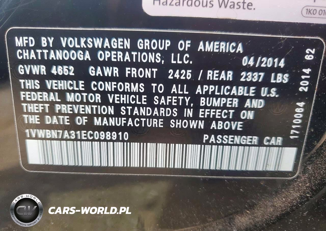 2014 Volkswagen Passat Se VIN:1VWBN7A31EC098910 - 13