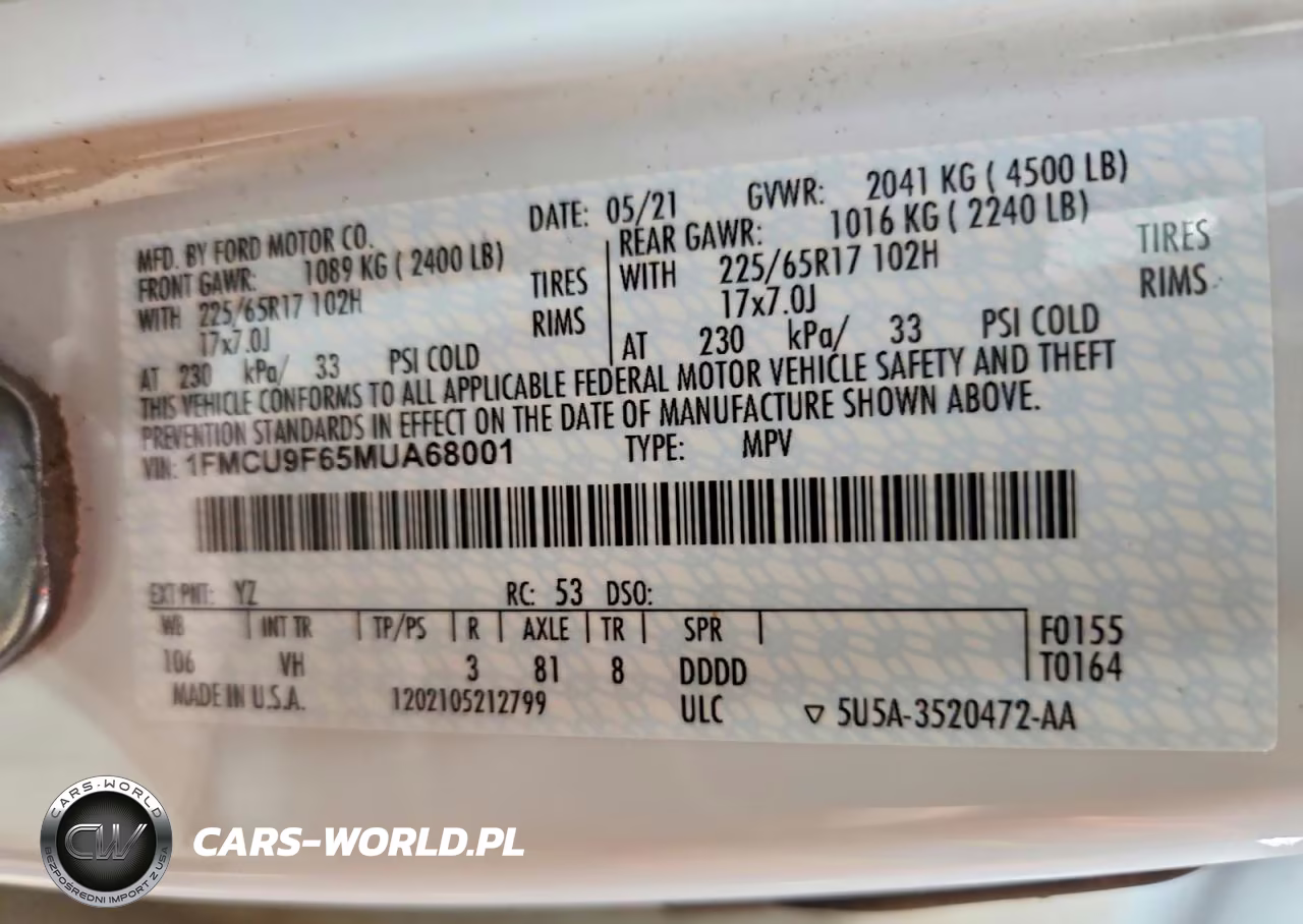 2021 Ford Escape S VIN:1FMCU9F65MUA68001 - 14