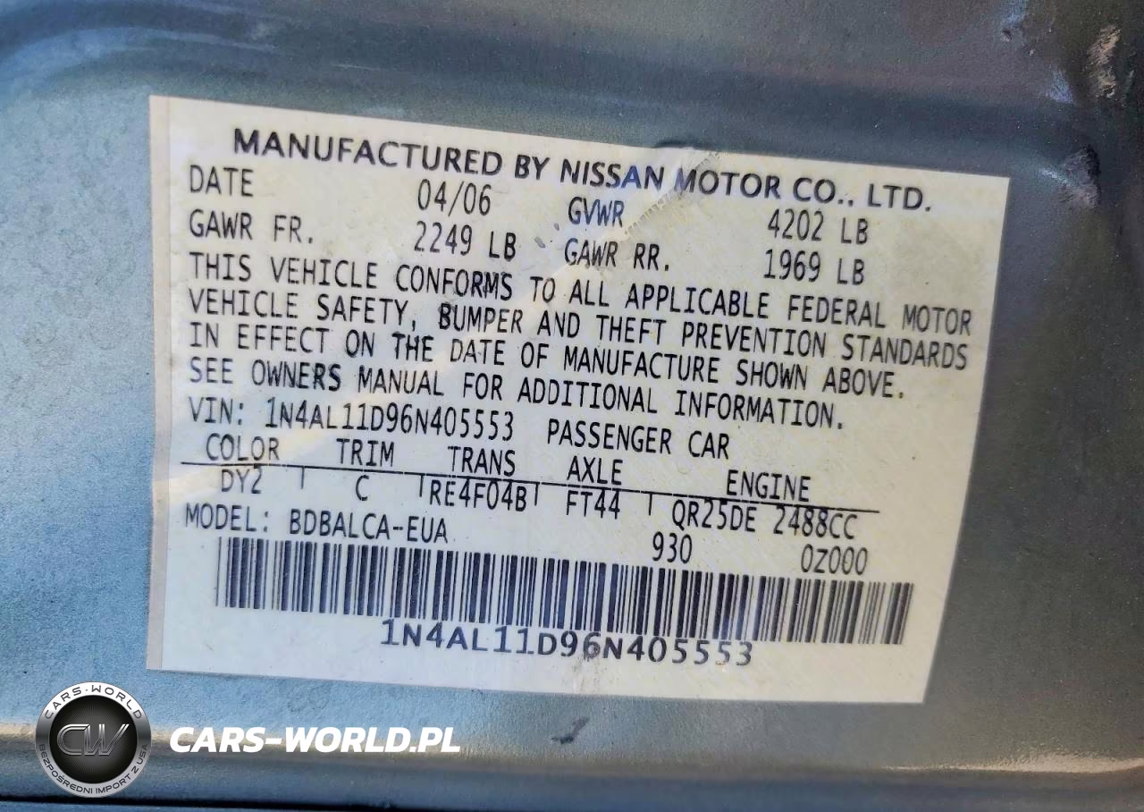 2006 Nissan Altima 2.5 VIN:1N4AL11D96N405553 - 12