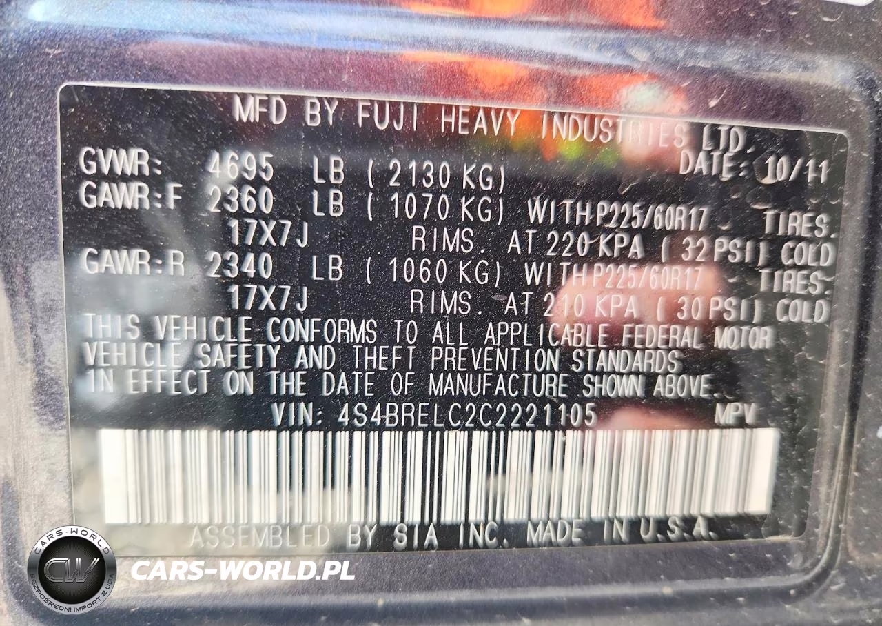 2012 Subaru Outback 3.6R Limited VIN:4S4BRELC2C2221105 - 13