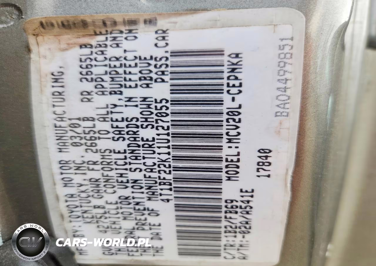 2001 Toyota Camry Le V6 VIN:4T1BF22K11U127055 - 12