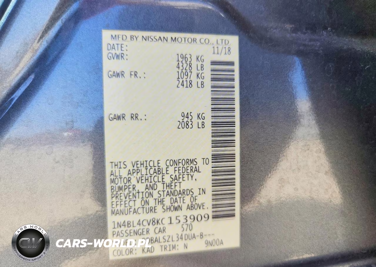 2019 Nissan Altima Sr VIN:1N4BL4CV8KC153909 - 12