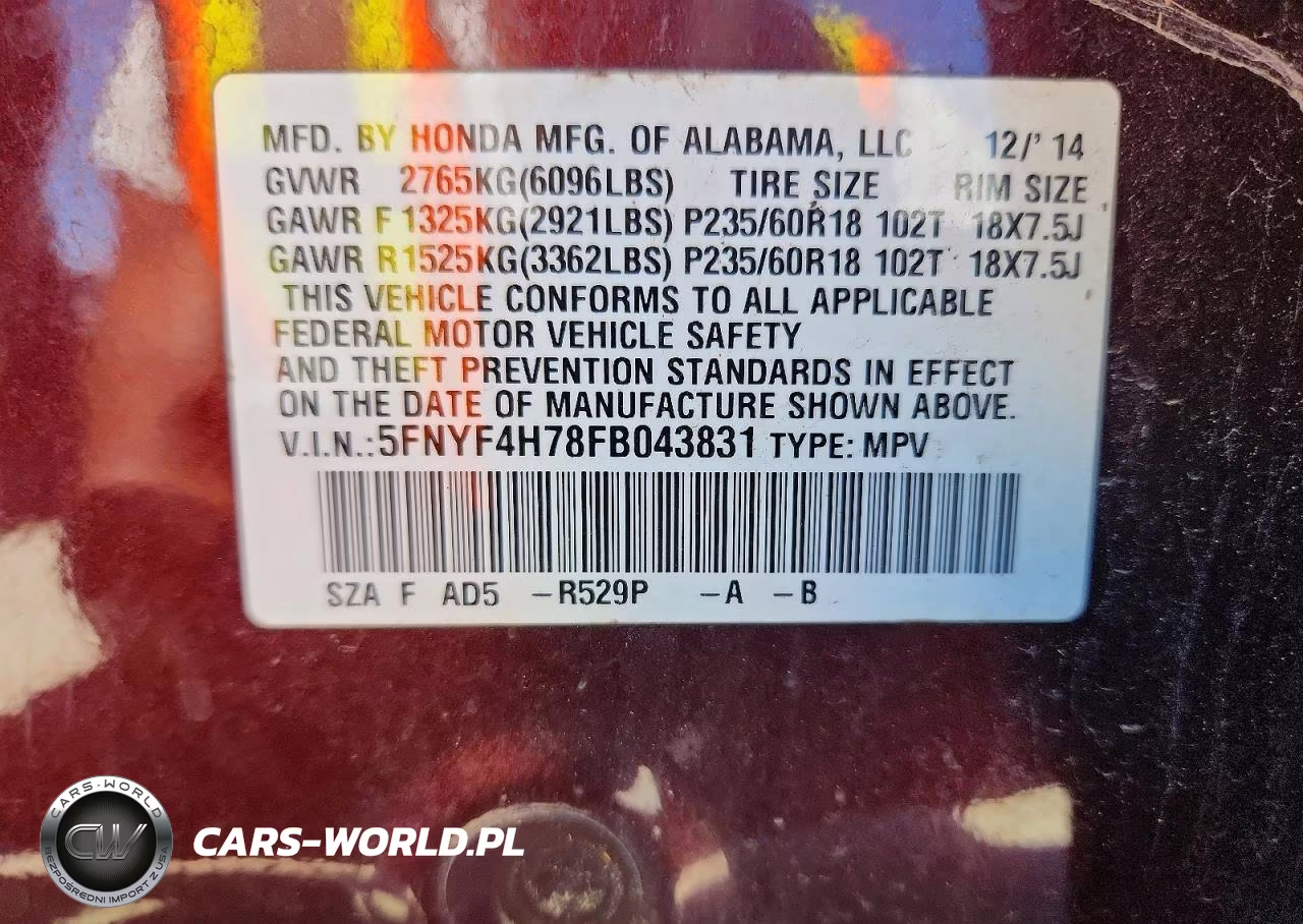 2015 Honda Pilot Exln VIN:5FNYF4H78FB043831 - 13