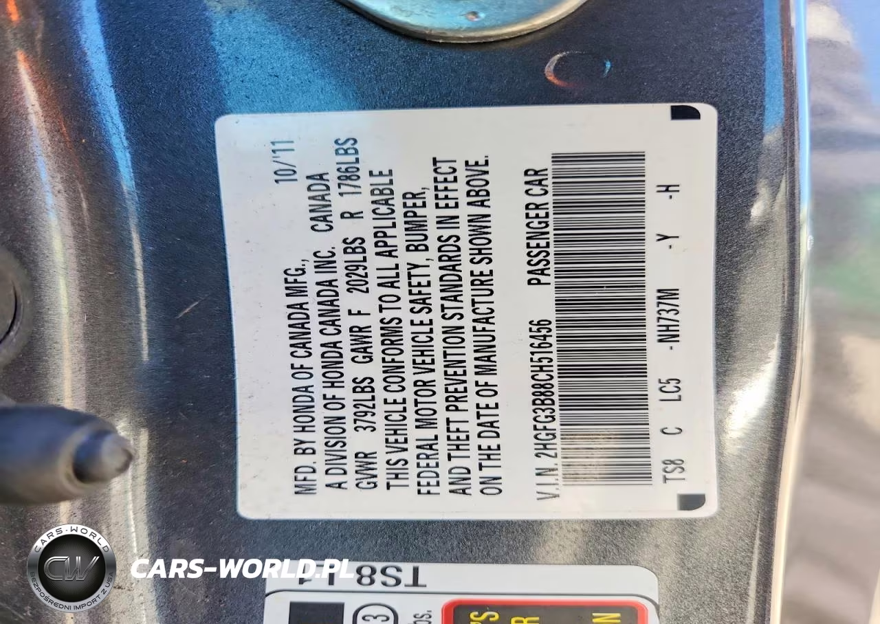 2012 Honda Civic Ex VIN:2HGFG3B88CH516456 - 12