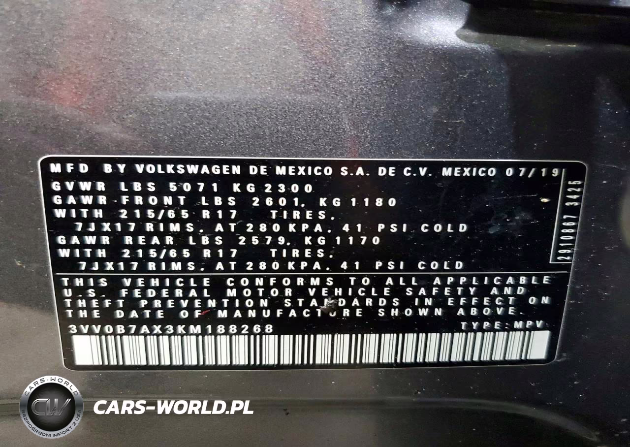 2019 Volkswagen Tiguan S VIN:3VV0B7AX3KM188268 - 13