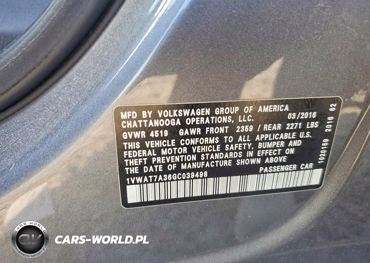 2016 Volkswagen Passat VIN:1VWAT7A36GC039498 - 12