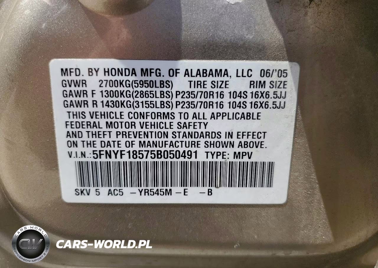 2005 Honda Pilot Exl VIN:5FNYF18575B050491 - 13