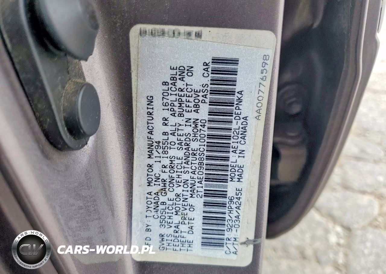 1995 Toyota Corolla Dx VIN:2T1AE09B8SC100740 - 12