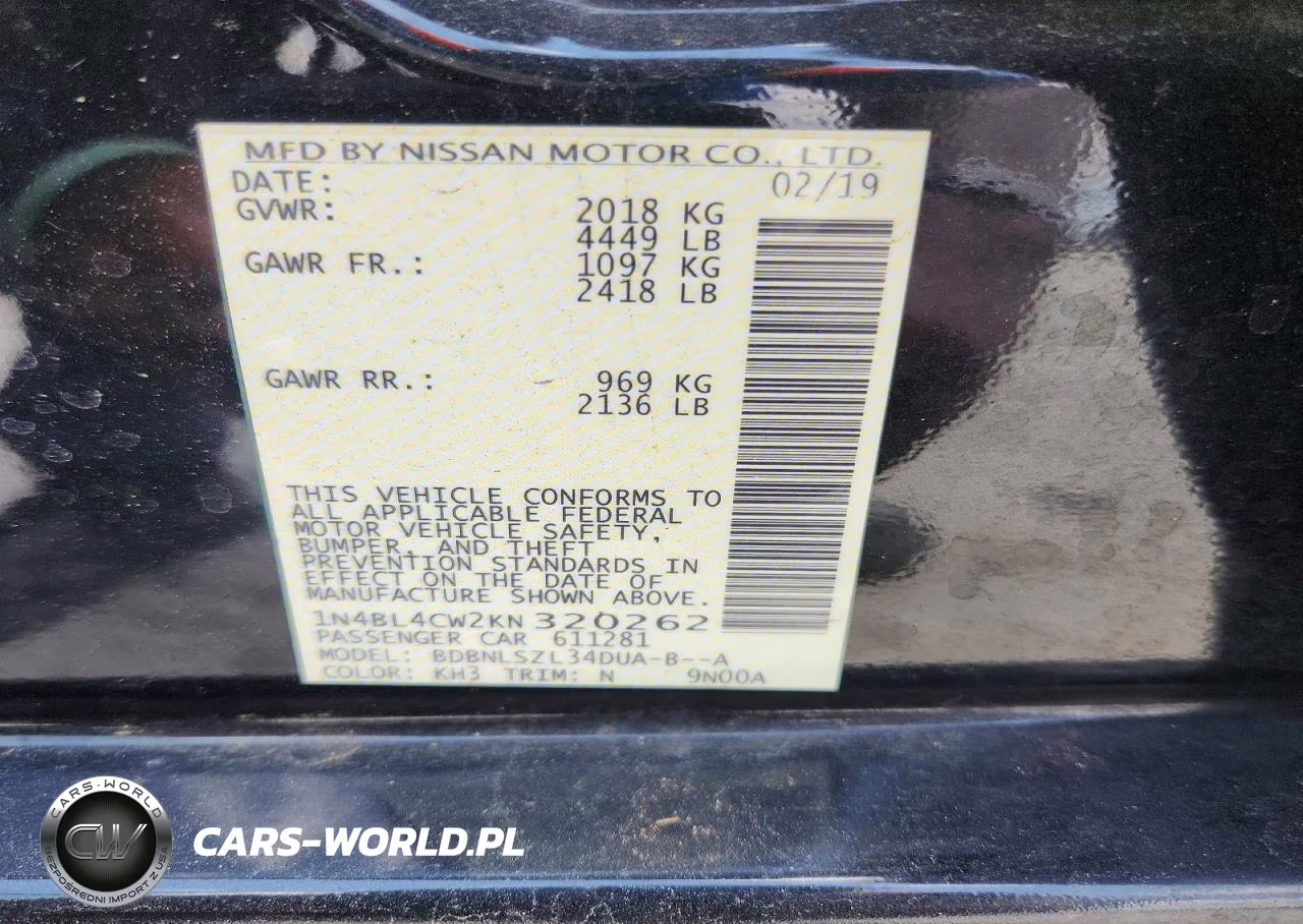 2019 Nissan Altima Sr VIN:1N4BL4CW2KN320262 - 12