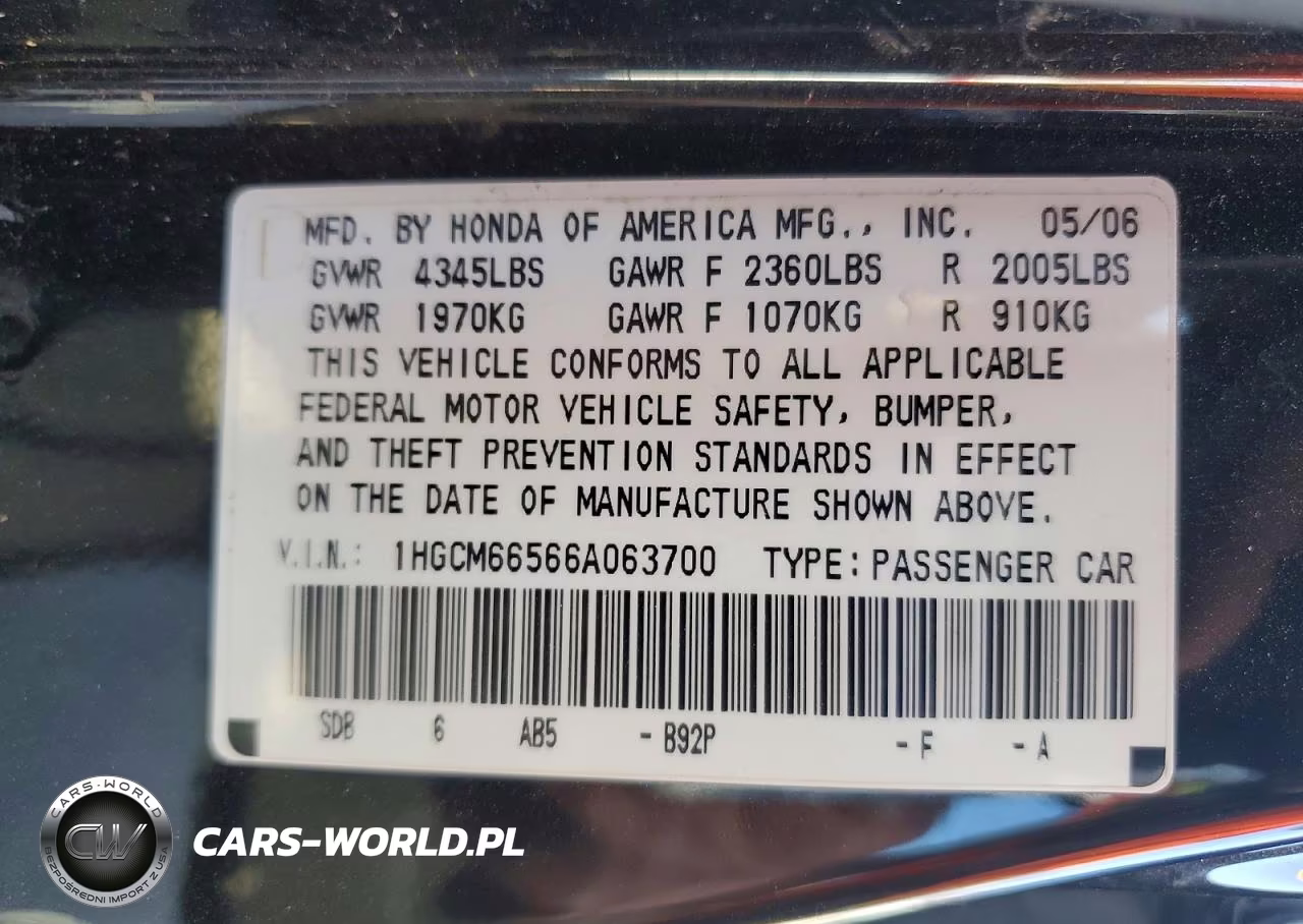 2006 Honda Accord 3.0 Ex VIN:1HGCM66566A063700 - 12