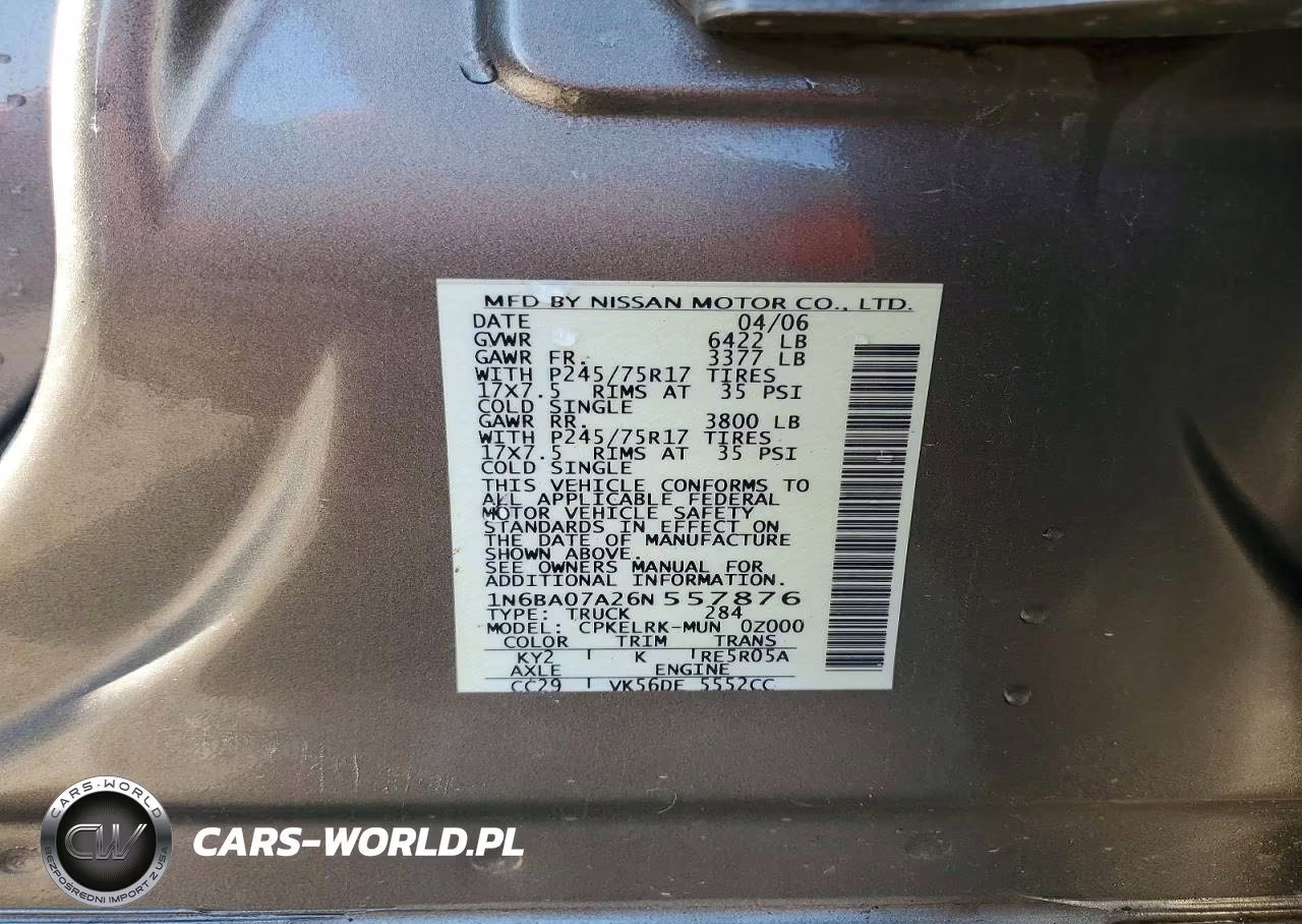 2006 Nissan Titan Xe Ffv VIN:1N6BA07A26N557876 - 12