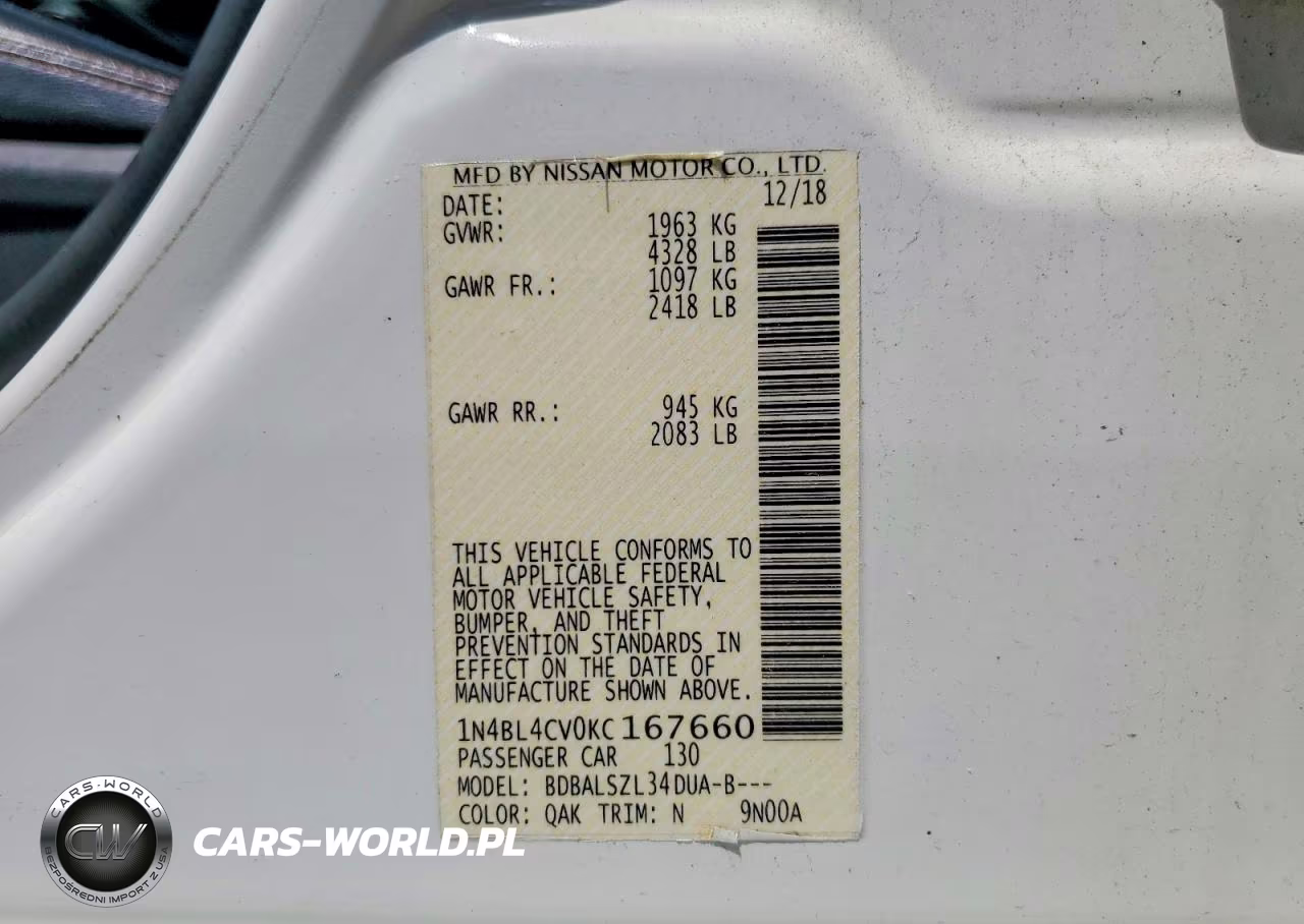 2019 Nissan Altima Sr VIN:1N4BL4CV0KC167660 - 12