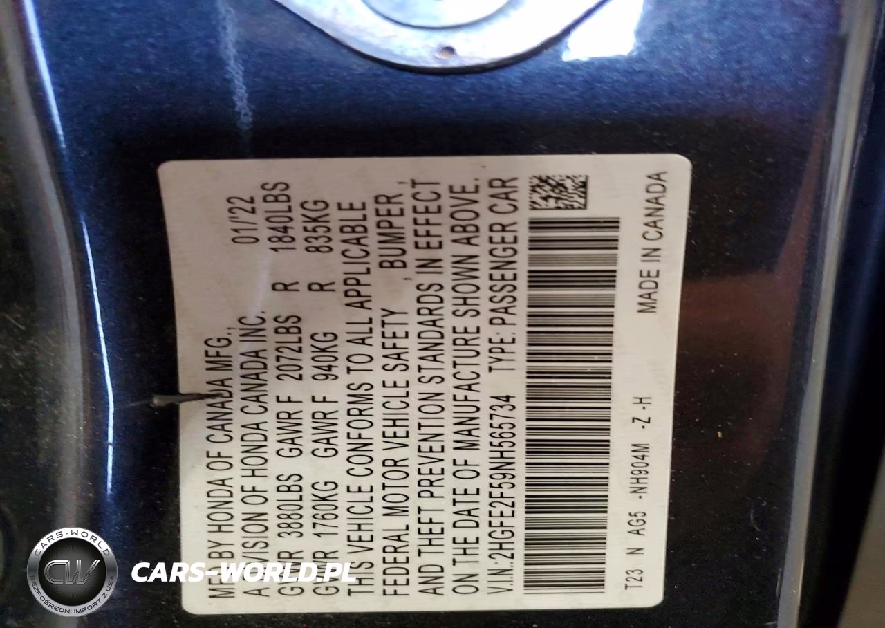 2022 Honda Civic Sport VIN:2HGFE2F59NH565734 - 13