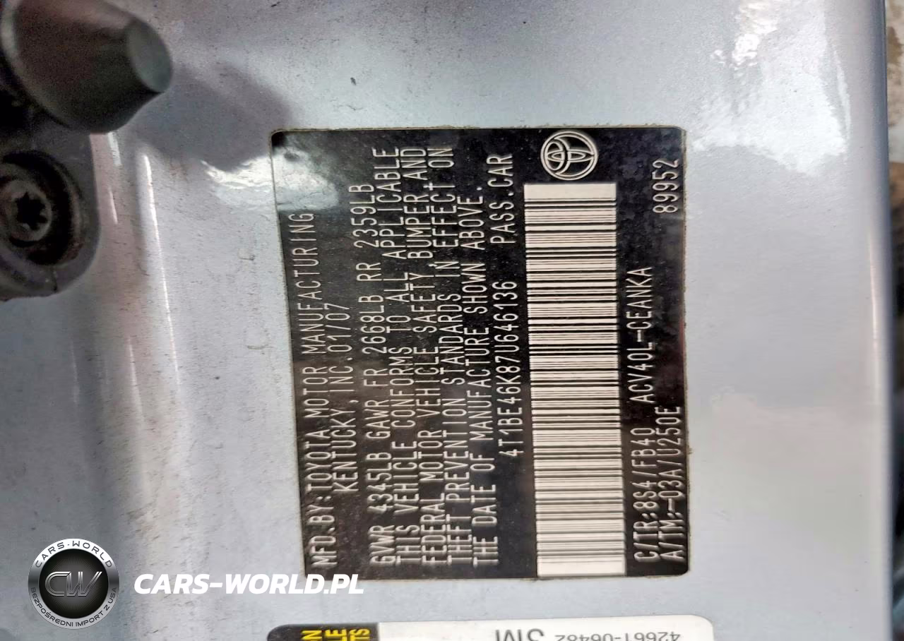 2007 Toyota Camry VIN:4T1BE46K87U646136 - 12