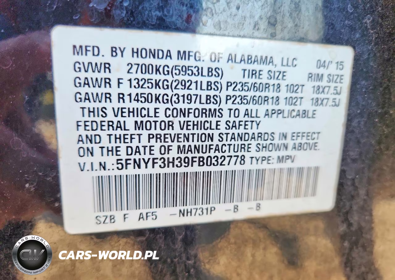 2015 Honda Pilot Se VIN:5FNYF3H39FB032778 - 13