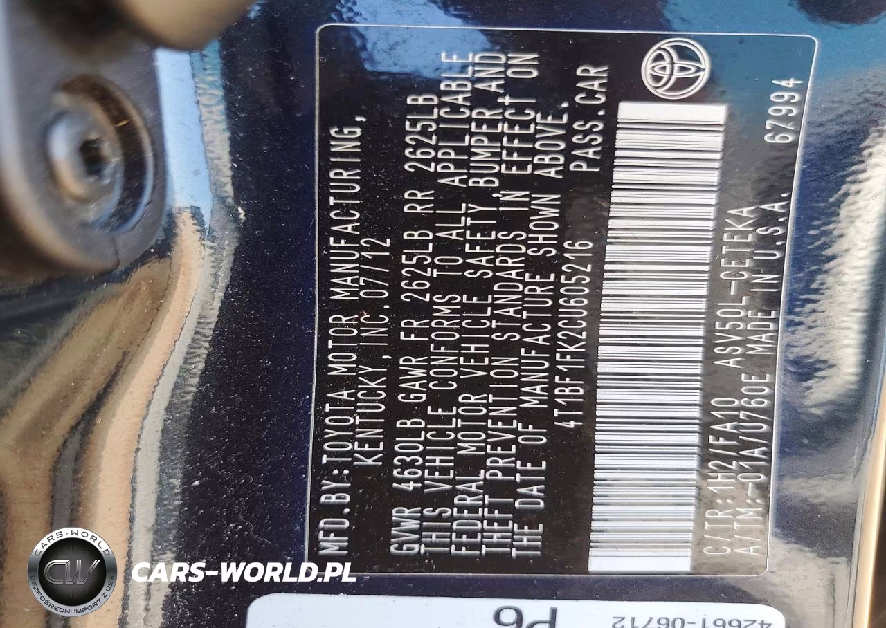 2012 Toyota Camry L VIN:4T1BF1FK2CU605216 - 12