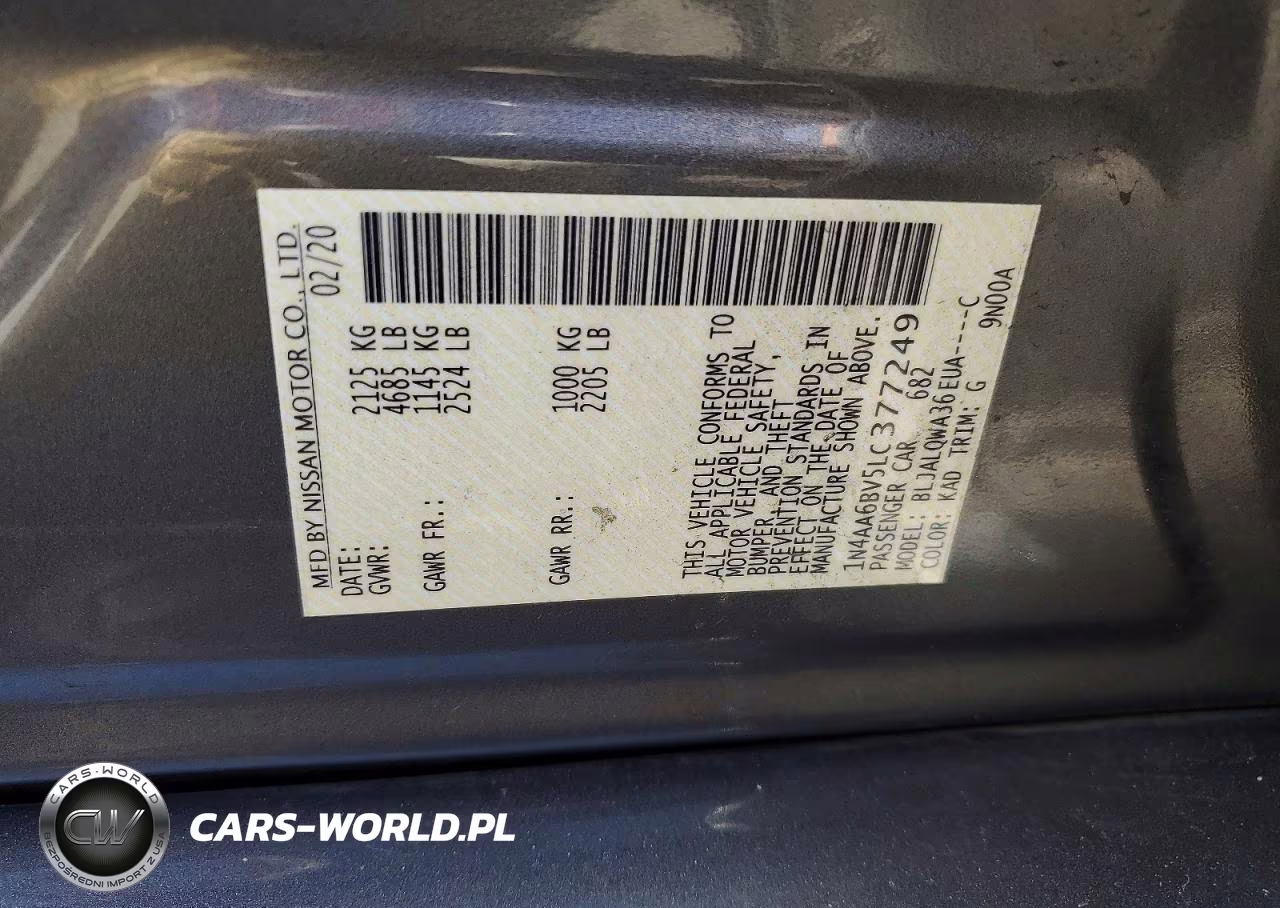 2020 Nissan Maxima S VIN:1N4AA6BV5LC377249 - 12