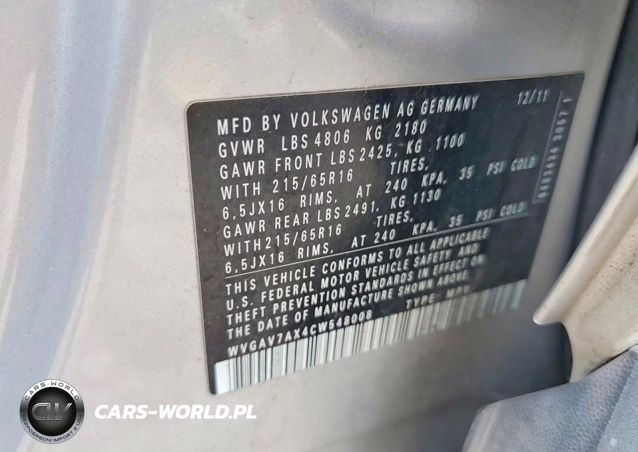 2012 Volkswagen Tiguan S VIN:WVGAV7AX4CW548008 - 13