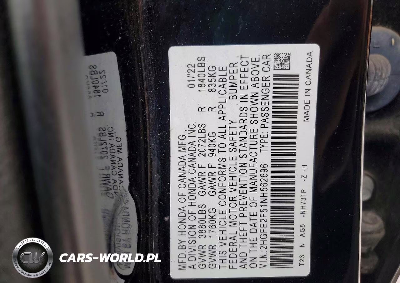 2022 Honda Civic Sport VIN:2HGFE2F51NH562696 - 12
